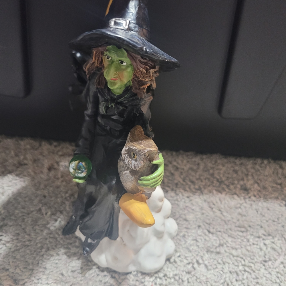 Old Time Pottery Witch on Moon Figurine w/ Owl Halloween Decor 9”